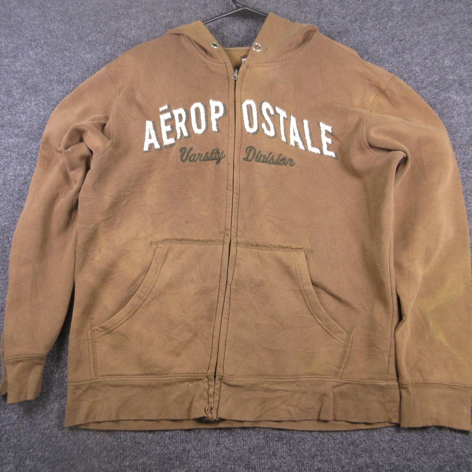 Y2k Aeropostale Hoodie Mens Medium Brown Varsity Graphic Zip Fleece Sweatshirt